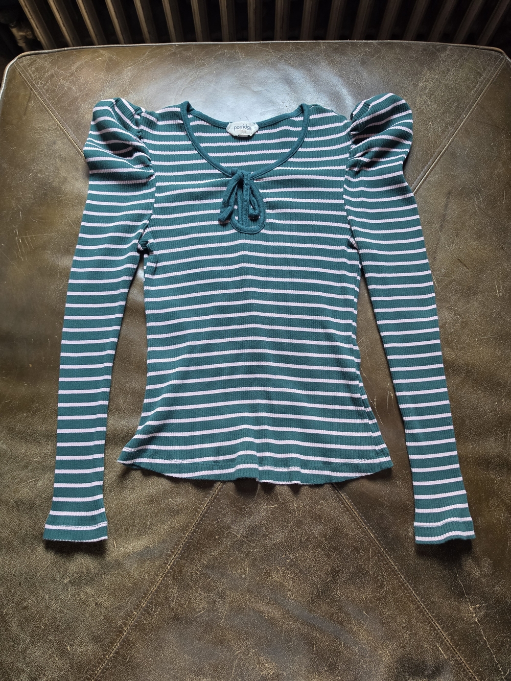 Ponte Striped Puff-Sleeve Knit Top in Teal and White